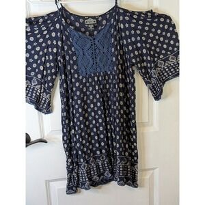 Angie Navy Blue Crochet Lace Cold Shoulder Medallion Print Boho Mini Dress